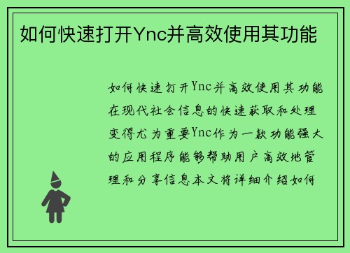 如何快速打开Ync并高效使用其功能